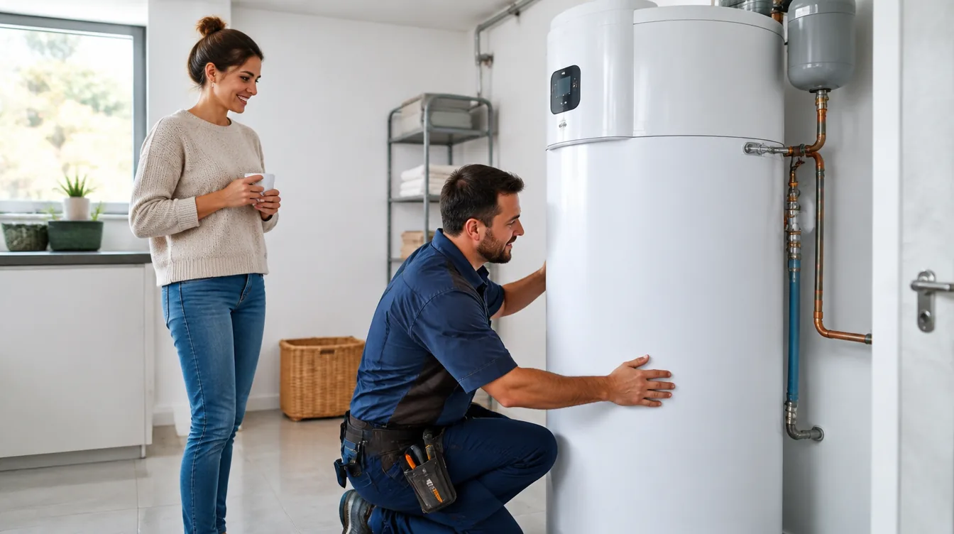 Technicien installant un chauffe-eau thermodynamique chez un particulier