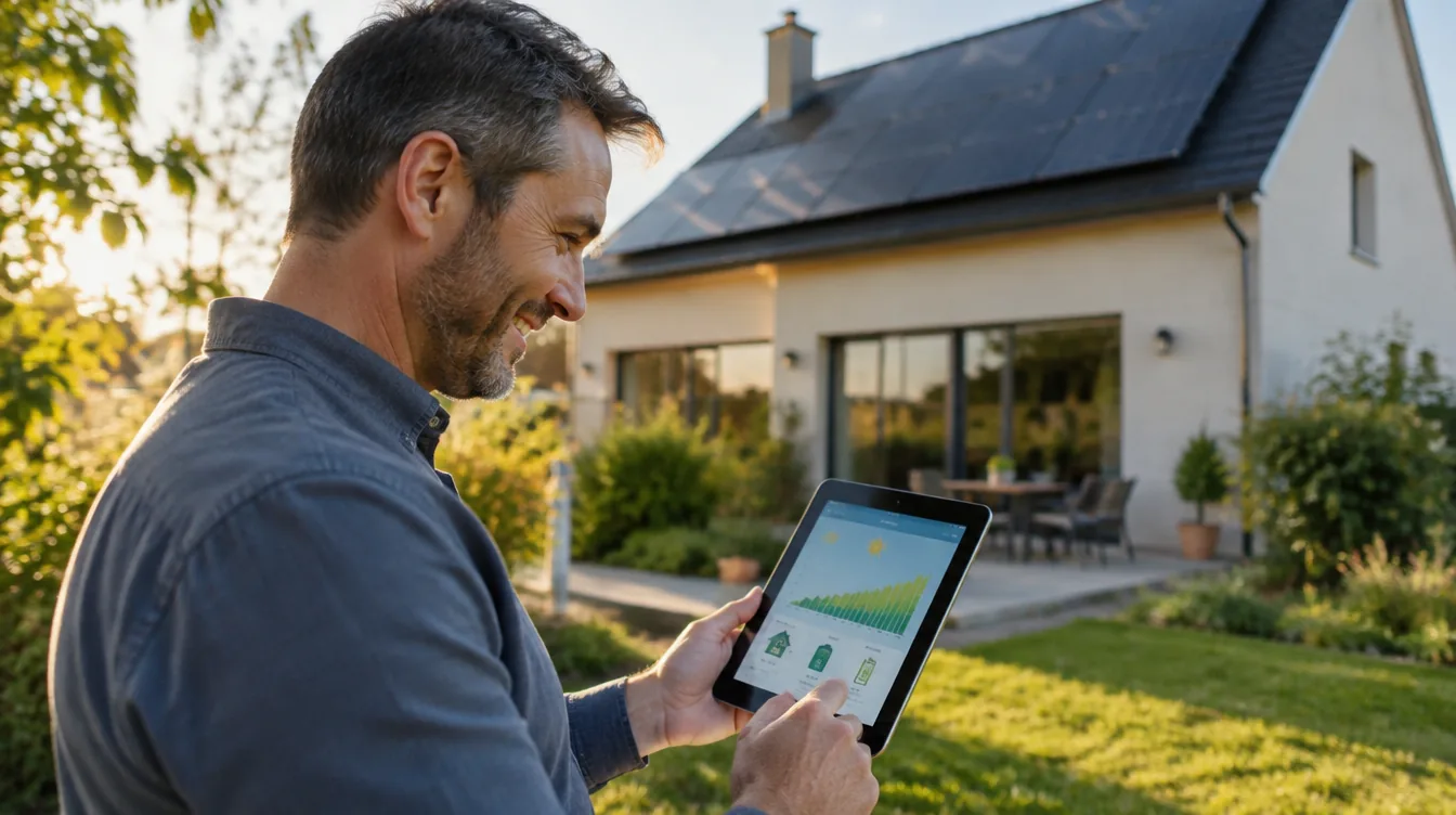 Propriétaire consultant sa production solaire sur tablette devant sa maison